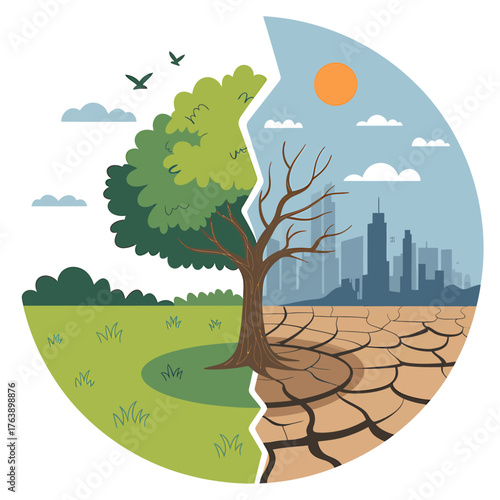 Environmental Change Illustration Showing Healthy vs Desert Land with Cityscape and Cracked Earth Depicting Climate Change Impact