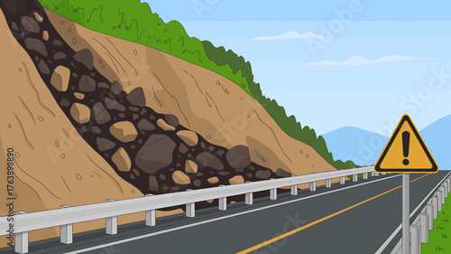 Landslide Warning Sign on Mountain Road A Symbol of Natural Hazards and Safety Awareness