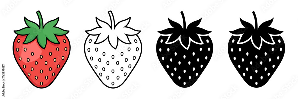 Obraz premium Strawberry Vector Illustration Set Red Outline and Black Versions Delicious Fruit Icon Designs for Food and Dessert Concepts