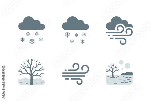 Winter Weather Forecast Icons Set with Snow Wind and Bare Trees Isolated on White Background Representing Cold Season