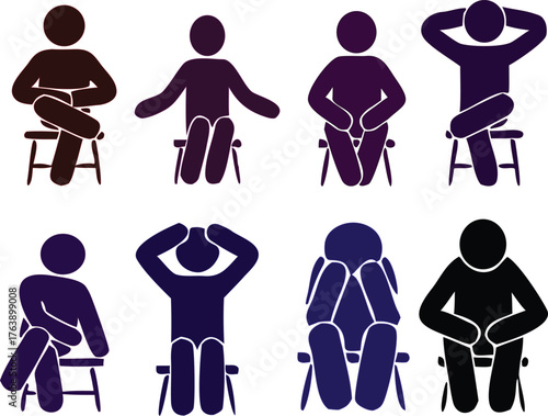 man stick silhouette vector icon set sitting in sad mood