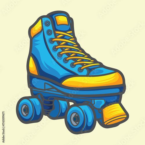 Detailed Blue Quad Roller Skate Illustration with Bold Outlines for Sports and Recreation Concepts Design