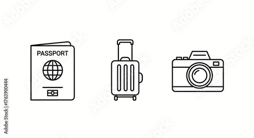 Essential travel icons passport luggage camera ready for your next adventure capturing memories worldwide