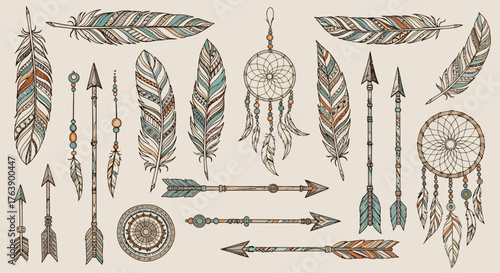 Captivating tribal arrows and feathers with dreamcatcher elements, evoking bohemian spirit and natural artistry for unique design projects.