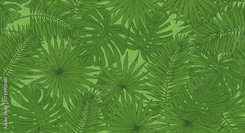 Vibrant tropical foliage pattern in lush green tones brings the exotic jungle to life creating an instantly refreshing and natural backdrop for your designs.
