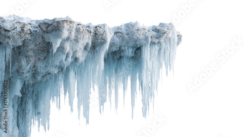 Frozen icicles hanging from snowy ledge symbolizing winter season, cold weather, frost, natural ice formation and frozen environment on white background