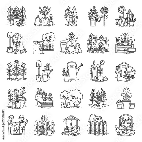 Gardening Line Art Icons Set plants tools flower vegetable fruit shovel watering can seed pot soil fence chicken house tree leaves