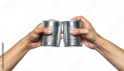 Two raised hands holding ribbed silver cans celebratory pose