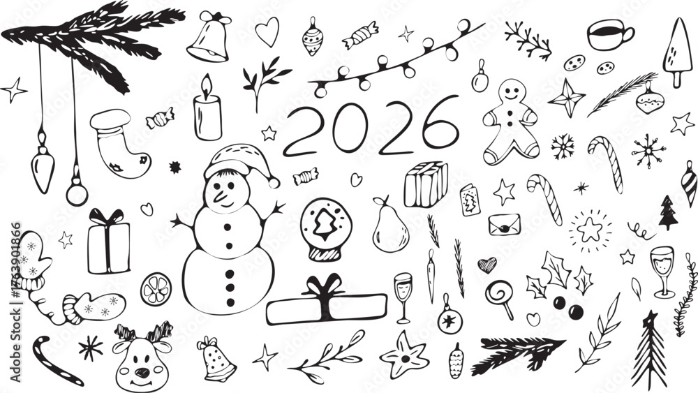 Fototapeta premium hand drawn Christmas elements, snow man, set of doodle