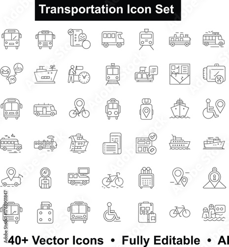 Transportation Icon Set in Line Style bus train ship bicycle travel vehicle public transport railway boat bike car airplane ferry tram