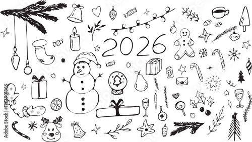 hand drawn Christmas elements, snow man, set of doodle