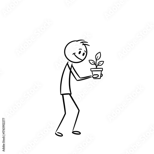 Stick figure man happily holding a potted plant concept of gratitude  