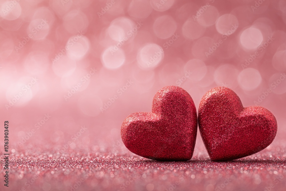 Obraz premium Red Glitter Hearts on a Sparkling Pink Background for Romantic Occasions or Celebrations