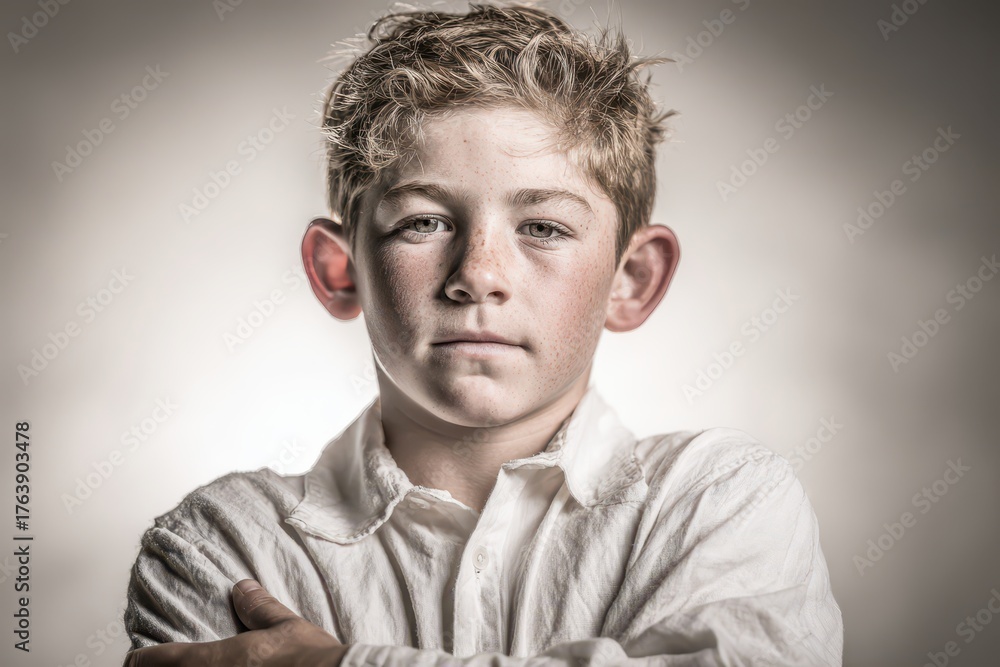 Fototapeta premium Serious studio portrait of a young boy with freckles, messy hair.