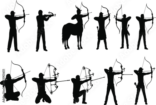 Diverse Collection of Archery Silhouettes, Featuring Men, Women, and a Mythological Centaur, Representing Ancient and Modern Bow and Arrow Sports, Focus, and Skill