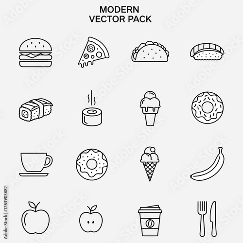 Modern Culinary Delights A Stylish Vector Collection of Outline Food and Drink Icons for Menus, Apps, and Digital Designs, featuring Fast Food, Sweet Treats, and Beverages