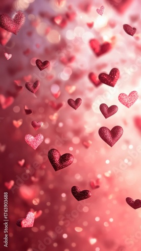 Floating Glitter Hearts Create a Romantic Atmosphere in Pink and Red Hues During a Festive Celebration