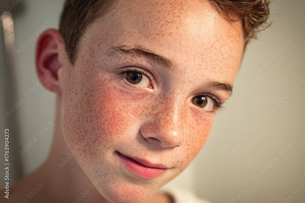 Obraz premium Young boy's close-up, highlighting his freckled skin and warm brown eyes.