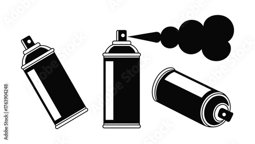 Graffiti spray cans and paint cloud icons for street art projects silhouette