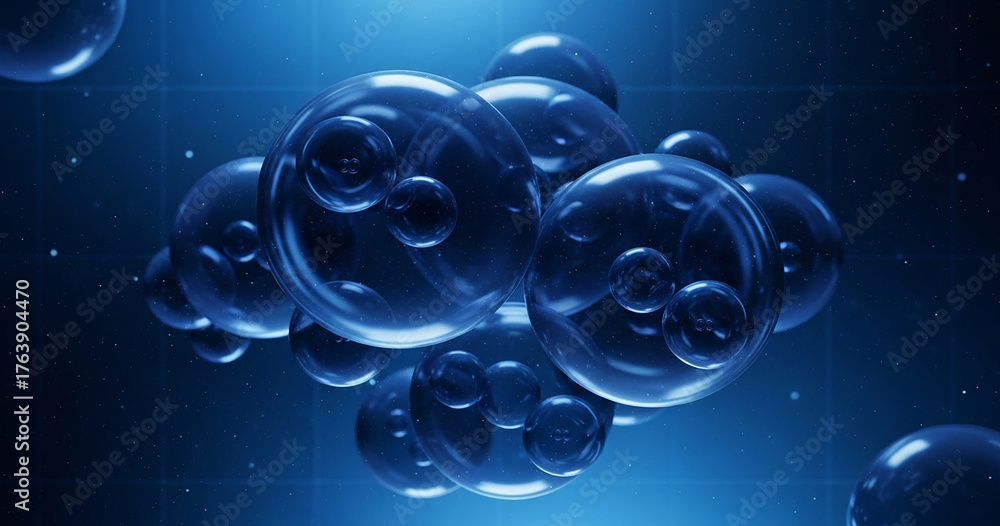 Obraz premium Abstract cluster of iridescent blue translucent spheres and bubbles floating in dark blue water with light rays