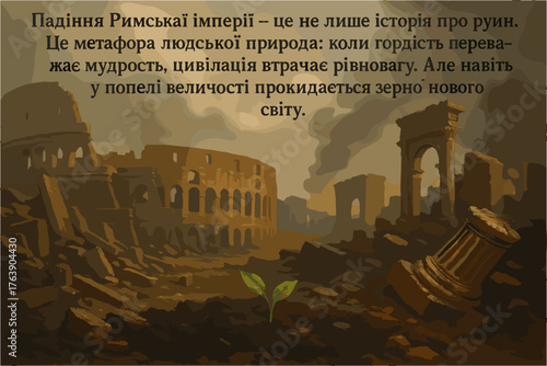 Inspirational Illustration of Roman Ruins with Quote about the Fall and Rebirth of Civilization