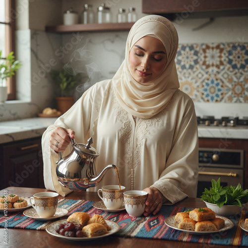A serene Muslim woman in traditional attire pouring steaming tea for guests against a modern kitchen backdrop with colorful tiles
