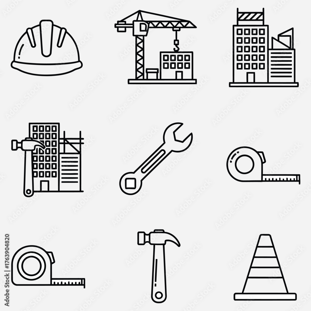 Fototapeta premium A comprehensive icon set for the construction and building industry, featuring simple line art of a crane, helmet, tools, and architectural elements