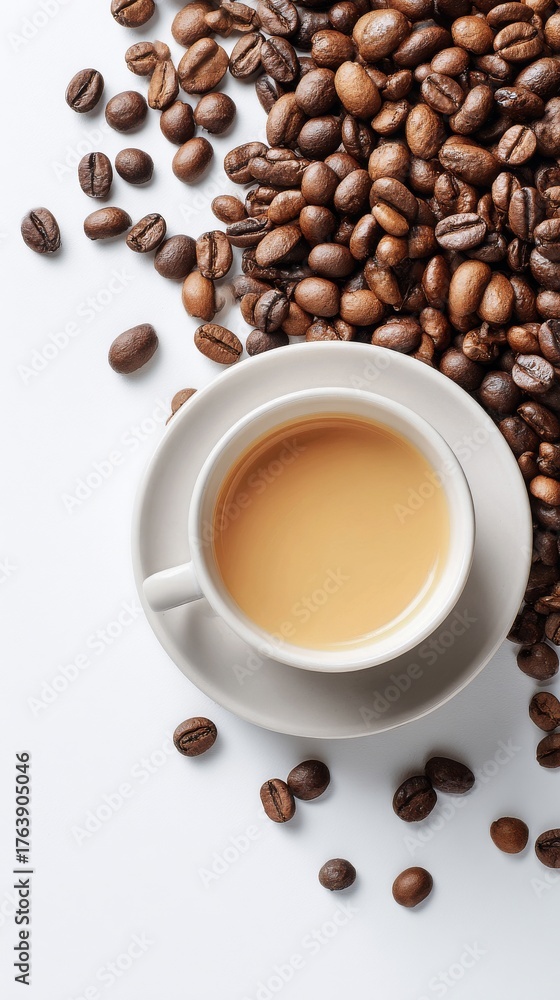Obraz premium Coffee Cup Surrounded by Scattered Coffee Beans on a Clean White Surface