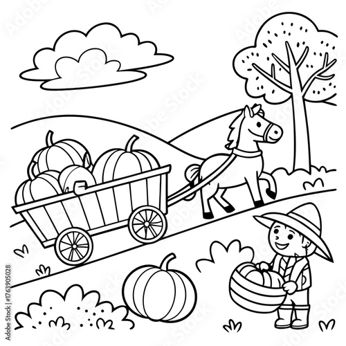 Vector illustration of black and white page of fall hayride coloring page for kids autumn scene 