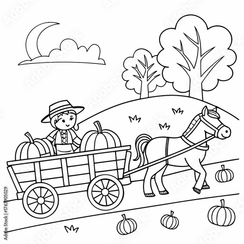 Vector illustration of black and white page of fall hayride coloring page for kids autumn scene 