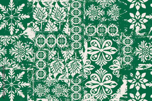 Distressed Ikat Patchwork Seamless Pattern and stylized floral motifs. Handmade aesthetic with an oriental or tribal flair. ethnic-inspired design is perfect for fabric printing, fashion, wallpaper