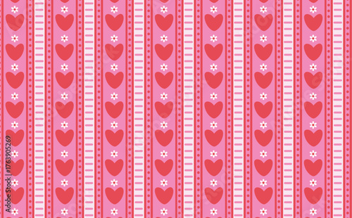 Seamless Pattern with hearts and flowers in pink and red. Cute Valentine's day background with hearts, stripes and flowers. Seamless ornament for printing on fabric, paper, wallpaper, postcards.