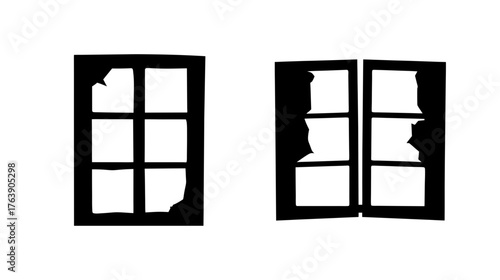 Two damaged window panes isolated against white representing broken glass and neglect