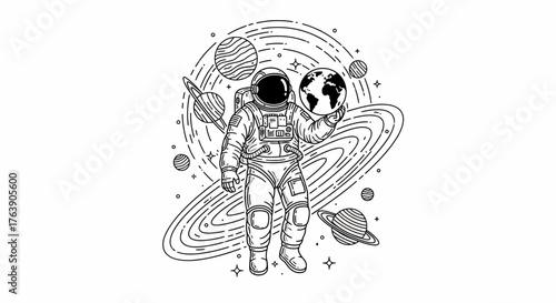 Astronaut Holding Earth in Space with Planets and Stars.