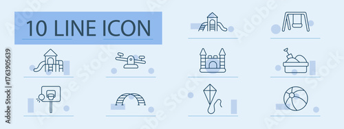 Playground set icon. Line icons with slide, swing, see-saw, castle, sandbox, basketball hoop, ball, kite, bridge arch, climbing tower
