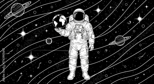 Black and white illustration of an astronaut holding Earth.