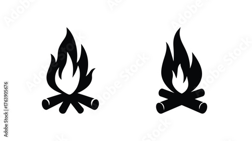 Two simple hand-drawn black campfire icons with flames and wood logs perfect for outdoor activities