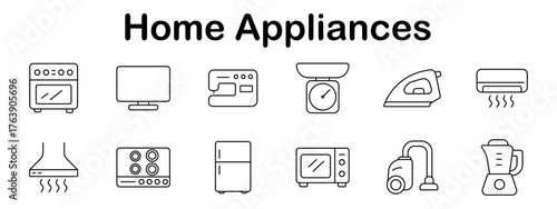 Home appliances set icon. Oven, monitor, sewing machine, kitchen scale, iron, air conditioner, hood, cooktop, fridge, microwave, vacuum, blender outlined cleanly.