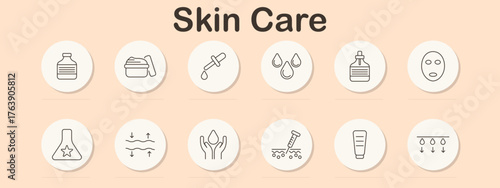 Skin care set icon. Bottle, cream jar, pipette dropper, droplets, dispenser, facial mask, lab flask, skin texture, hands, injection, cream tube, hydration lines designed minimally.
