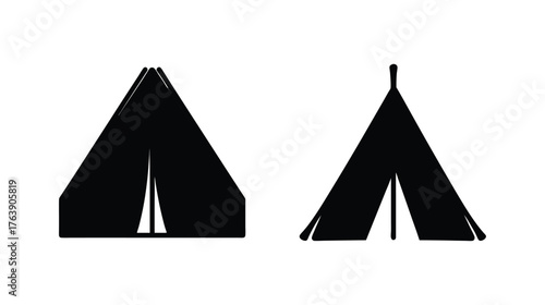 Two rustic silhouette tents for camping outdoor adventure and recreation symbol sign
