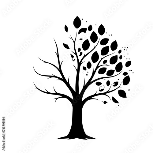 Tree of Life: A striking silhouette of a tree, half barren and half lush with leaves, symbolizing the duality of life and the resilience of nature.