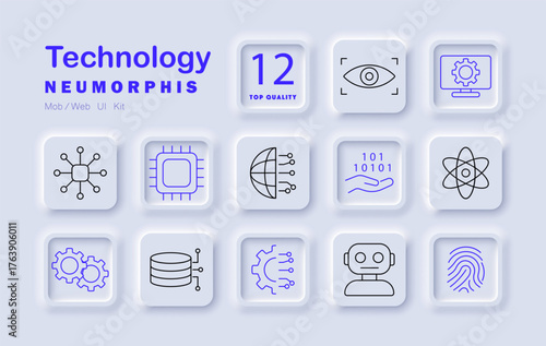 Technology set icon. Robot, chip, fingerprint, circuit, gear, globe, AI, server, binary, database, eye scanner modern digital development and innovation.
