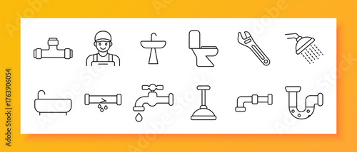Plumbing set icon. Bathtub, sink, toilet, wrench, shower, plumber, pipe, faucet, leak, plunger, repair, maintenance, bathroom, installation, tool, drain, water, service, fixing, equipment.