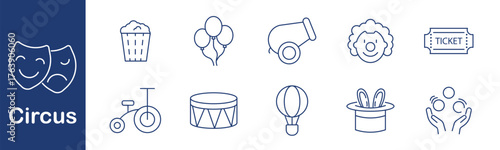 Circus set icon. Popcorn, balloons, cannon, clown, ticket, unicycle, stage, tent, bunny, magician hat, juggler, balloon show, performance, fun.