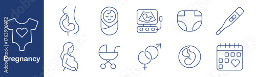 Pregnancy set icon. Belly, newborn, ultrasound, diaper, thermometer, mother, stroller, gender, embryo, calendar. Baby, care, birth, growth, parenthood, fertility, planning, stage, health.