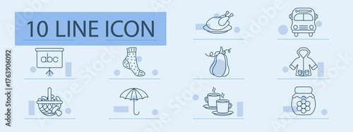 School supplies set icon. Line icons with bus, plate, food, fruit, sock, umbrella, tea cup, honey, chalkboard, jacket, basket