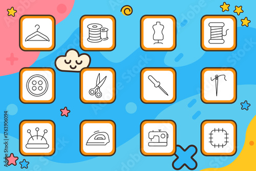 Sewing set icon. Hanger, thread, mannequin, button, scissors, needle, iron, thimble, pin cushion, sewing machine, patch. Tailoring, textile, handmade, fashion.