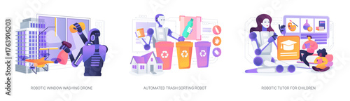 Cleaning, Recycling, and Robot Tutor abstract concept vector illustrations.
