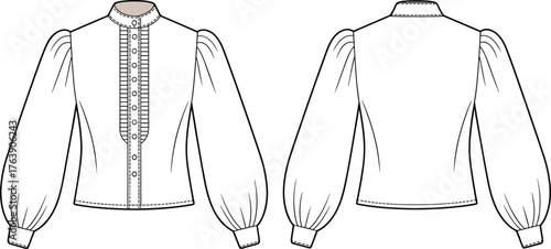 cad drawing flat vector illustration, women’s blouse technical sketch, fashion design template, garment construction layout, apparel patternmaking reference