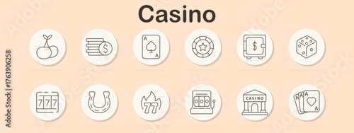 Casino set icon. Cherry, chips, dollar, playing cards, token, safe, dice, slot, horseshoe, fire 777, casino building, cards triple A styled with clear lines.